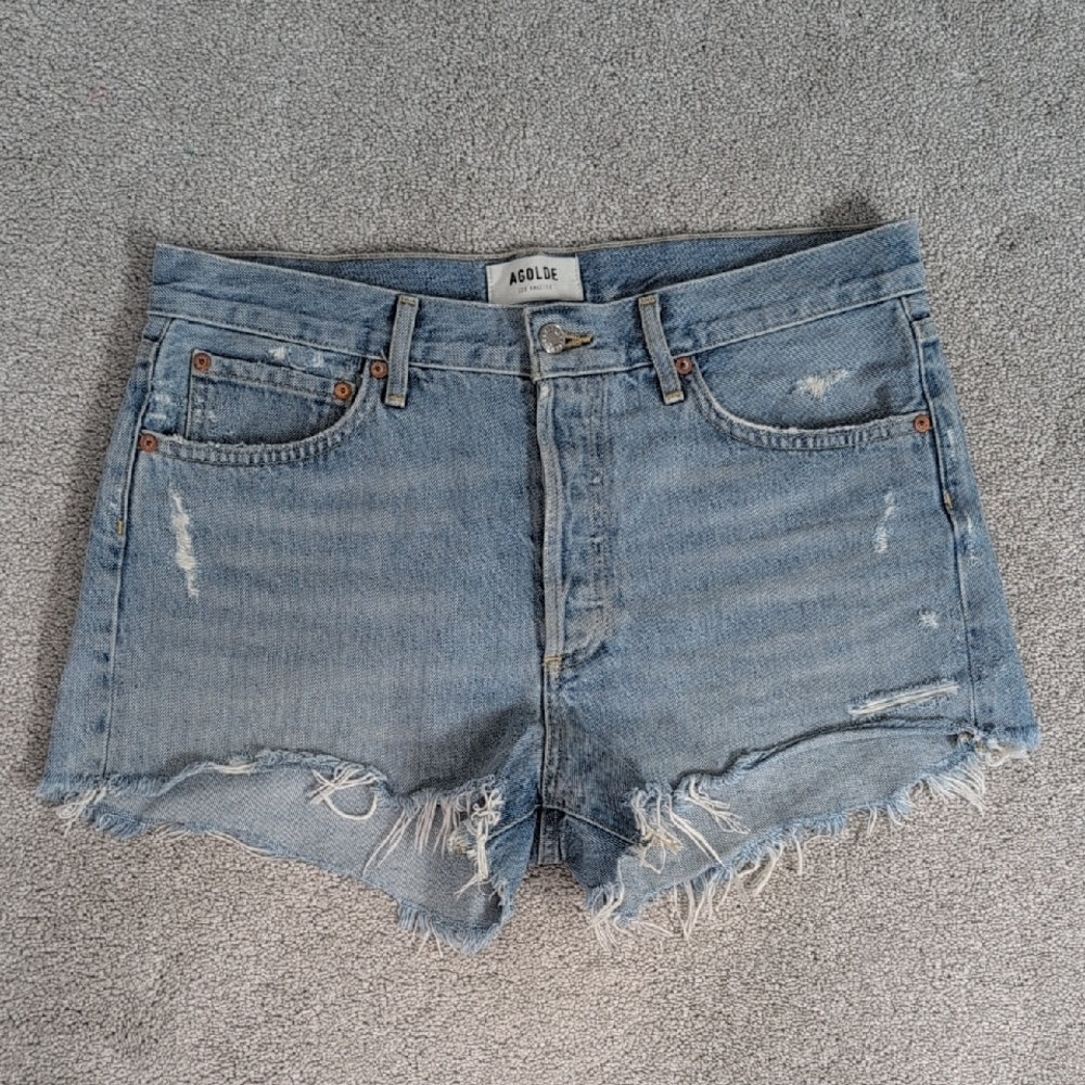 Agolde Blue High-Waisted Jean Shorts Distressed